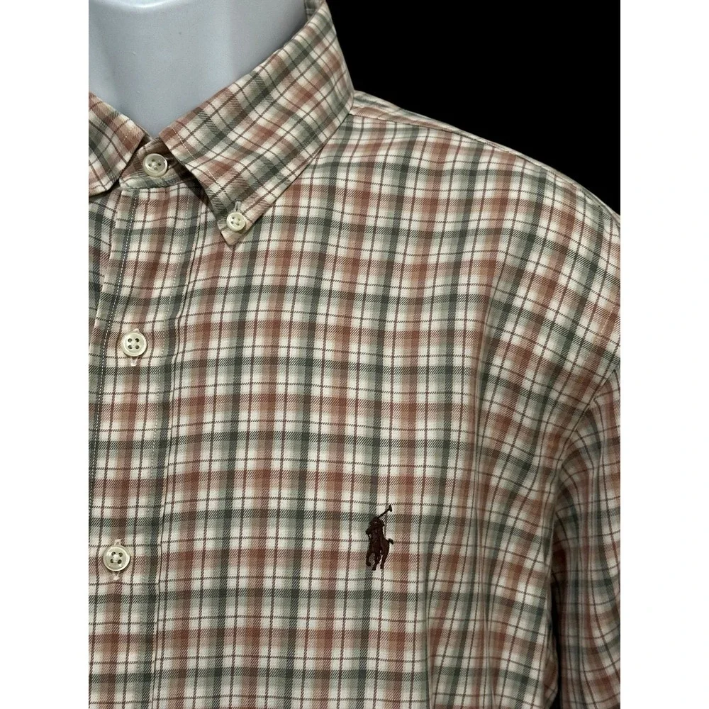 Polo Ralph Lauren Mens Shirt Oxford Check Tan‎ Green Brown Pony Button Down L